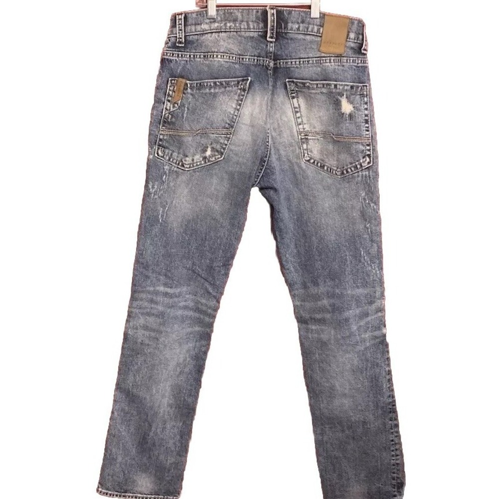 Outpost Makers Men's Size 30 x 32 Med Wash Straight Leg Patchwork Jeans Distress - Picture 2 of 11